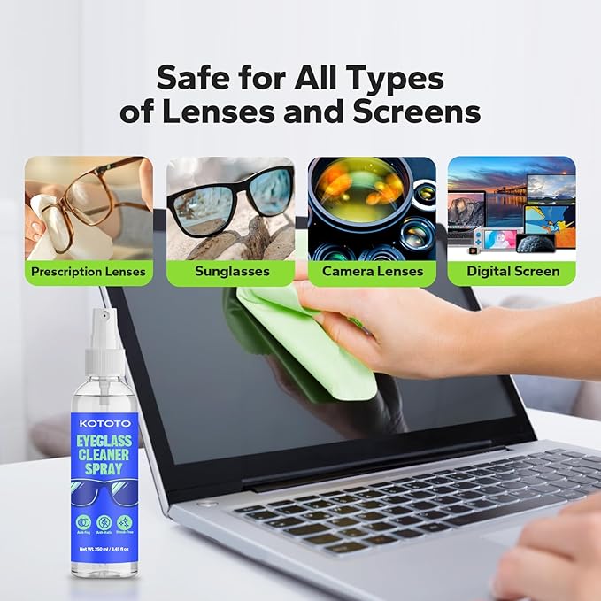 Kototo Eyeglass Cleaner Spray, Streak-Free Eyeglass Cleaner Spray for Glasses, Screens & Lenses, Anti-Static Eye Glass Cleaner Kit with Microfiber Cloth, Cleaning Kit for Phone, Laptop, Camera & More