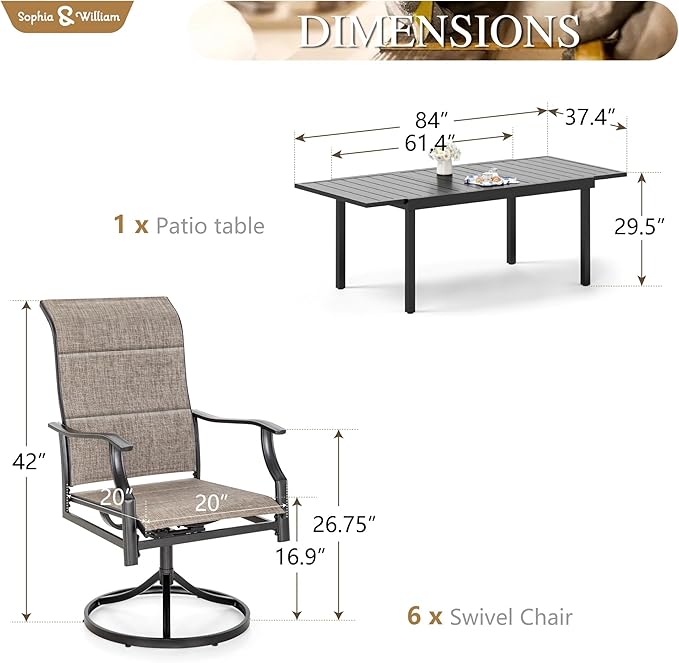 Sophia & William 7 Piece Outdoor Patio Dining Set, Patio Furniture Set with 6 Swivel High Back Patio Dining Chairs and Expandable Metal Table, Textilene Fabric for Backyard, Poolside, Balcony