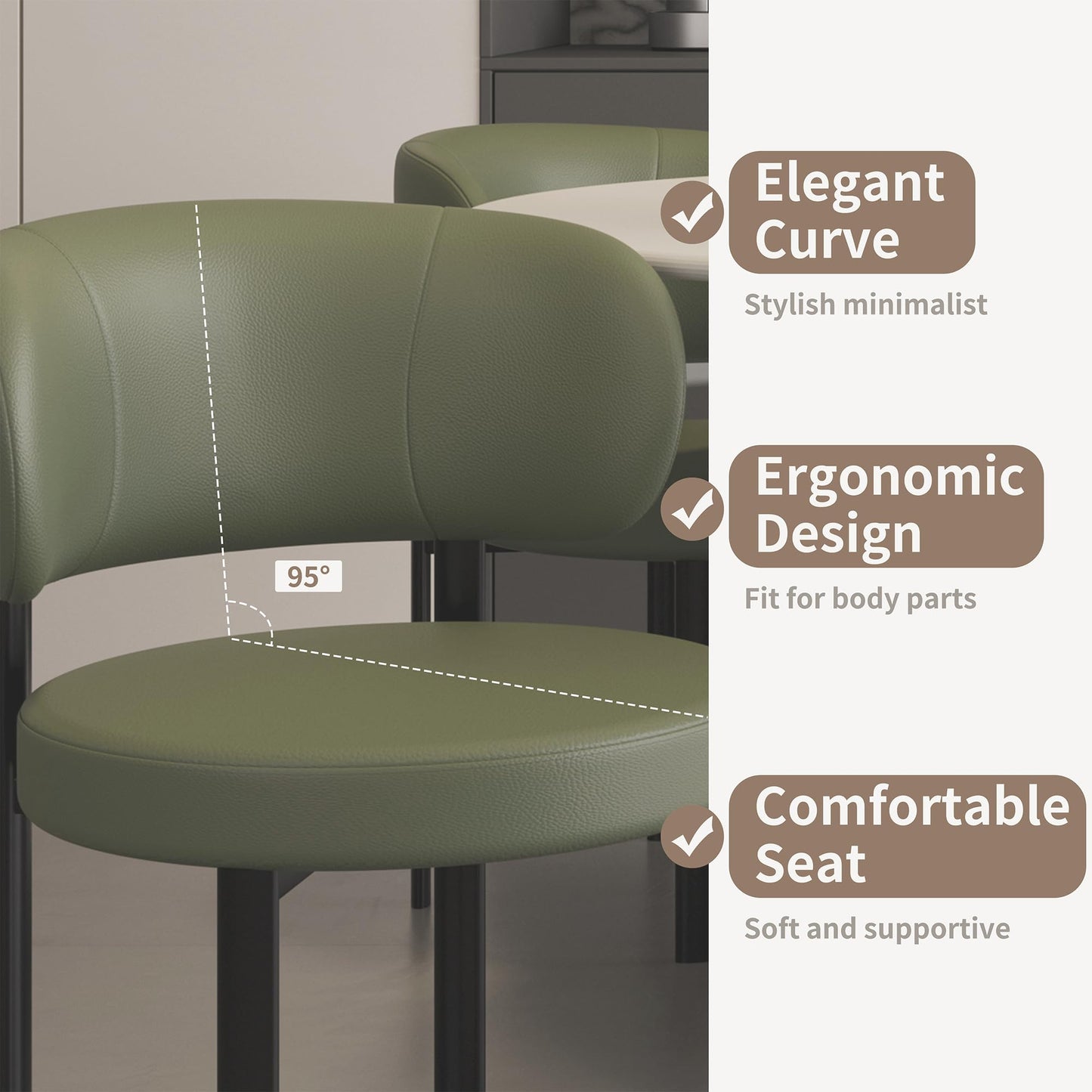 HaufChox Mid Century Dining Chairs Set of 4, Morden Kitchen Chair, Round Upholstered Seat, Curved Split Backrest, Carbon Steel Legs, Textured Leather for Bar/Restaurant/Office, Olive