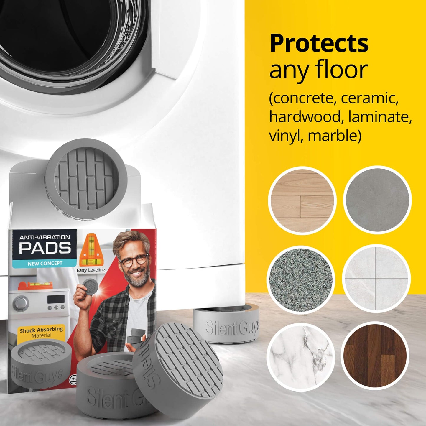 Silent Guys Anti Vibration Pads for Washing Machine (4 Pack) – Heavy Duty Washing Machine Anti-Vibration Pads, Universal Washer Feet, Grey Anti Vibration Mat