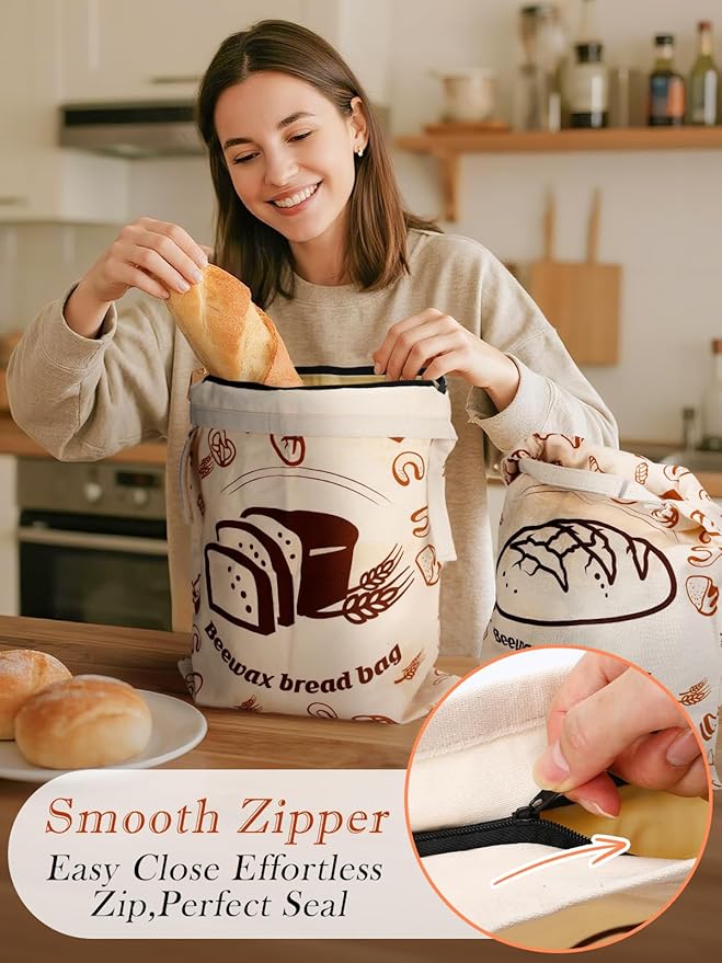 ANPHSIN 2 pcs Natural Beeswax Bread Bags with Sealing Zipper - 13''x16.7'' Reusable Sourdough Storage Wraps for Homemade Bread, Keeping Food Fresh, Gifts for People Who Love Baking, 2 Patterns