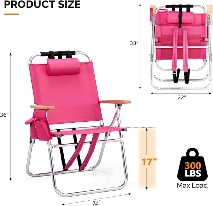 VINGLI Aluminum 17" Backpack Beach Chair – Tall Beach Chairs for Adults, Portable with Adjustable Straps, 3-Position Reclining, Cup Holder, High Lightweight Beach Chairs for Beach