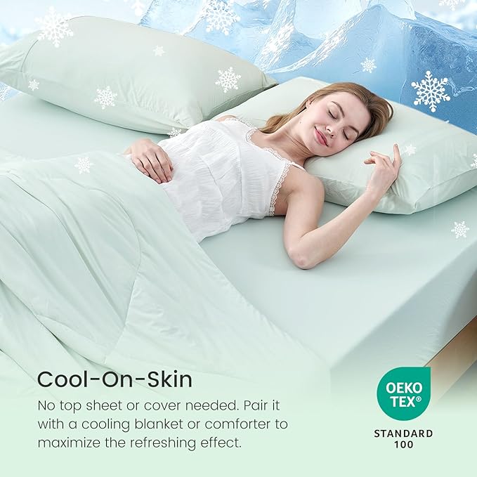 Cozy Bliss Premium Cooling Sheet Set Full Size, Q-Max>0.4, 3PCS No Flat Sheet with 2 Pillowcases, Breathable Fitted Sheet for Hot Sleepers & Night Sweats, Deep Pocket Up to 18 Inches, Light Mint Green