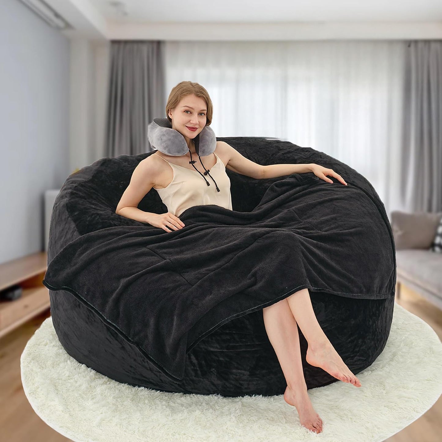 Demacai Bean Bag Chair - Bean Bag Chairs for Adults with Memory Foam Filler Included, Removable and Washable Flannel Cover Beanbag Chair - Black(5FT-55"x55"x28")