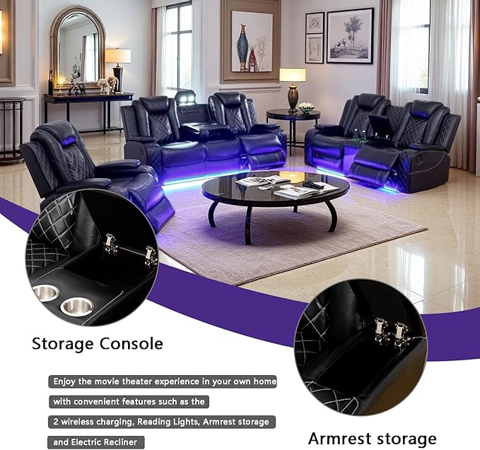 A Ainehome Luxury Furniture Sets Power Recliner Sofa Set Recliner Leather Sofas Loveseat Chair for Living Room Furniture/Small Space/Rv/House/Office/Theater Seating (F-Black, 3 Piece Set)