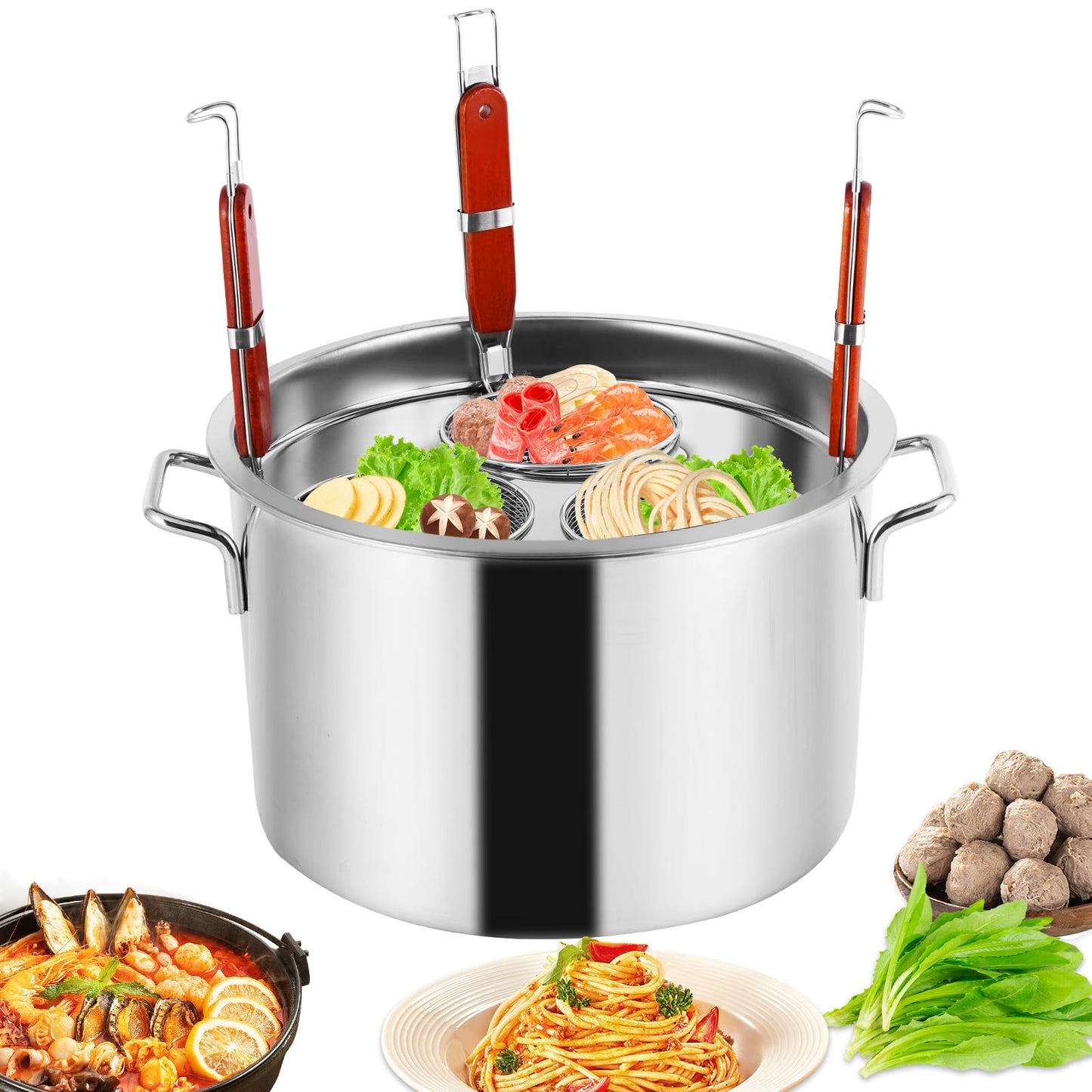 YJINGRUI Commercial Pasta Pot, 19.5 Quart, Stainless Steel Pasta Cooker with Insert Strainer Colander for Home Kitchen Restaurant, 3 Holes