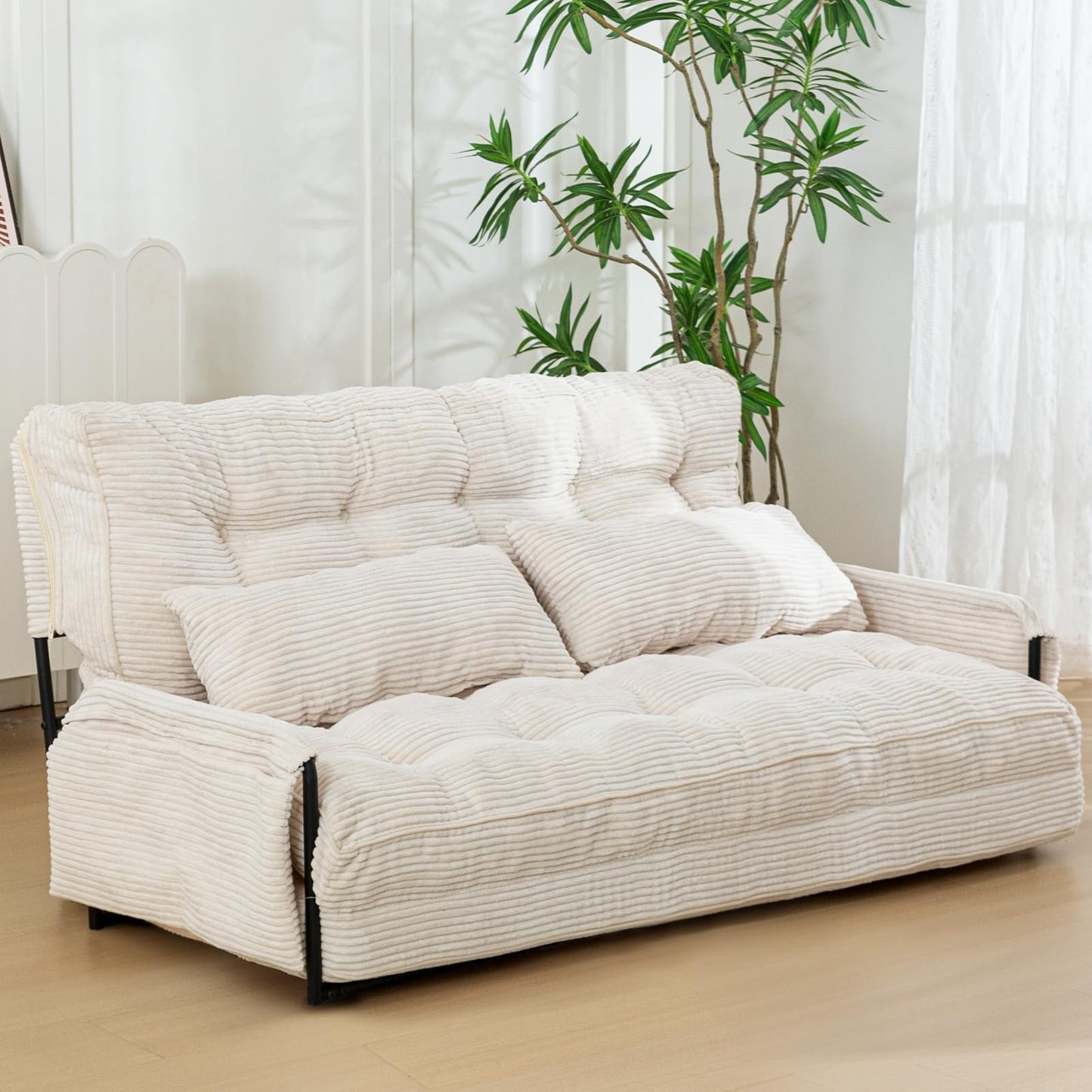 MAXYOYO Adjustable Floor Sofa Couch with 2 Pillows, Multi-Functional Bean Bag Bed, 5-Position Foldable Lazy Sofa Sleeper Bed with Armrest Versatile Floor Seating for Reading Gaming, Beige, Double