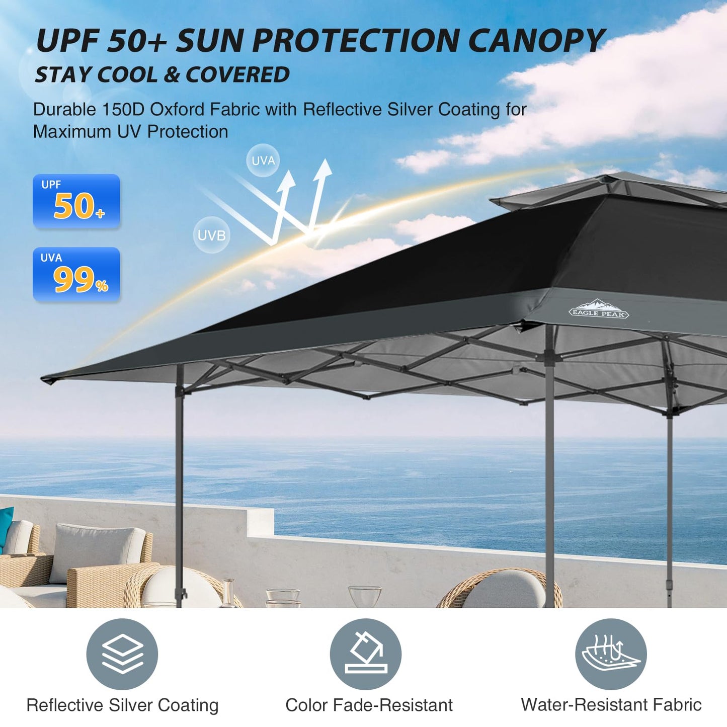 EAGLE PEAK 13x13 Straight Leg Pop Up Canopy Tent Instant Outdoor Canopy Easy Single Person Set up Folding Shelter w/Auto Extending Eaves 169 Square Feet of Shade (Black/Gray)