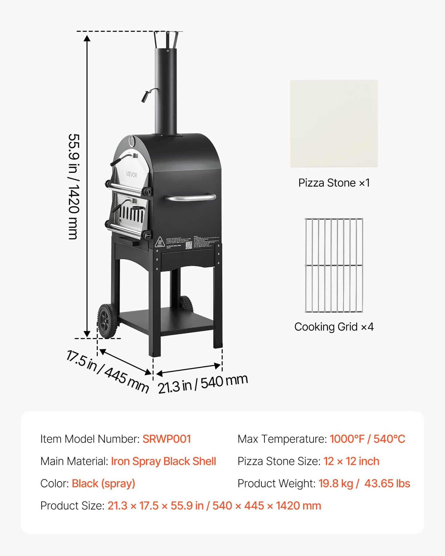 VEVOR Outdoor Pizza Oven, 12" Pellet Fire Ovens, 2-Layer Pizza Oven Wood Fired, Wood Burning Outdoor Pizza-Oven with 2 Removable Wheels, 1000℉ Max Temperature Fired Pizza-Maker Ovens for Barbecue