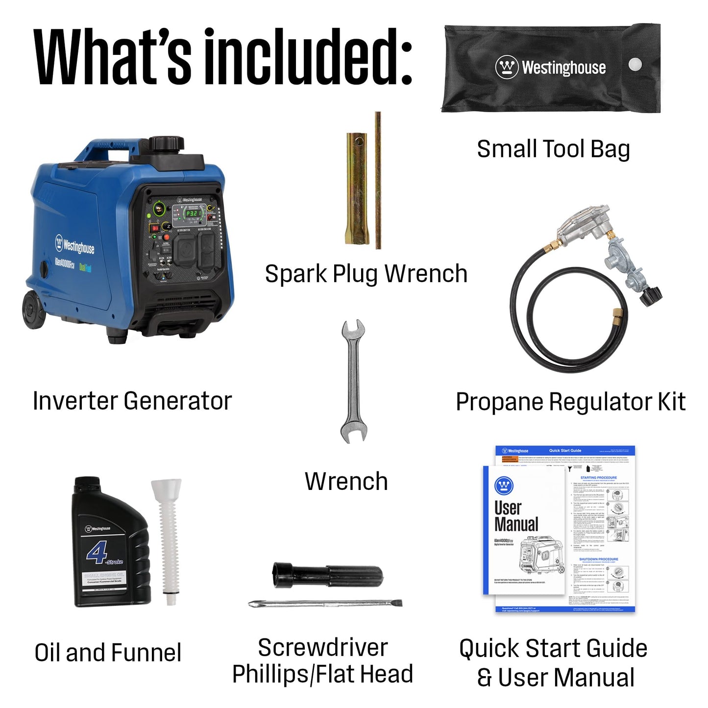 Westinghouse 4000 Peak Watt Super Quiet Dual Fuel Portable Inverter Generator, Wheel & Handle Kit, Gas & Propane Powered, RV Ready, CO Sensor, Parallel Capable