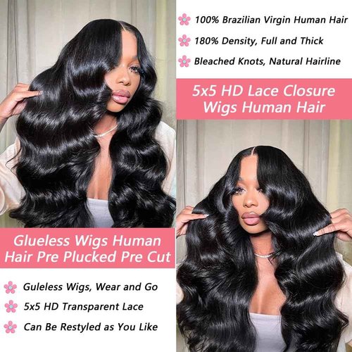 WZOWZO Glueless Wigs Human Hair Pre Plucked Pre Cut 5x5 HD Lace Closure Wigs Human Hair 180% Density Wear and Go Body Wave Lace Front Wigs Human Hair for Women 28 Inch