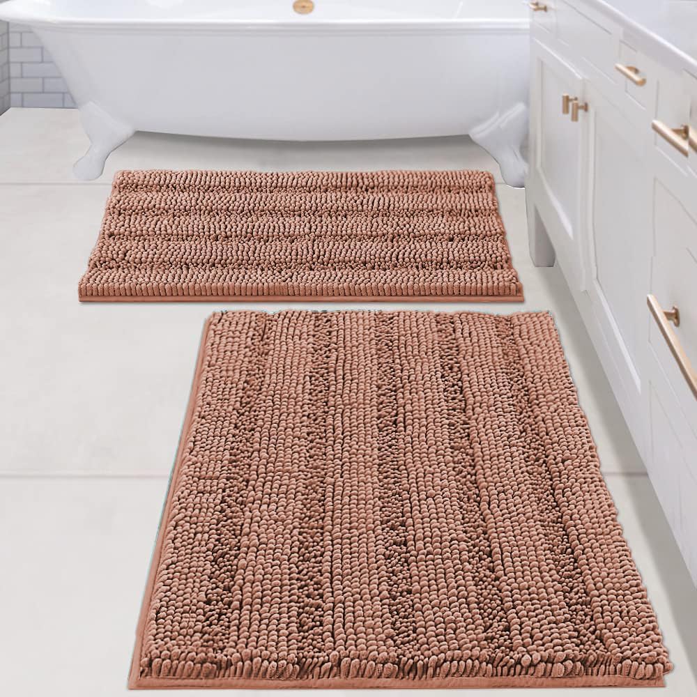 H.VERSAILTEX 2 Piece Set Bathroom Rugs Bath Mats Sets Super Absorbent Chenille Striped Bath Mats Non Skid Machine Wash Dry Rugs for Bathroom Floor (Muted Clay, 24 x 36 Plus 20 x 32 - Inches)