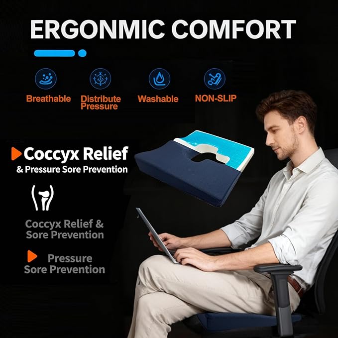 Rivquvi Gel Wheelchair Seat Cushion,Bed Sore Cushions for Butt,Office Chair Pressure Sore cushion,Memory Foam Pillow for bed,Pressure Ulcer Pain Relief,Relieve Sciatica,Coccyx,Washable Cover(Set Blue)