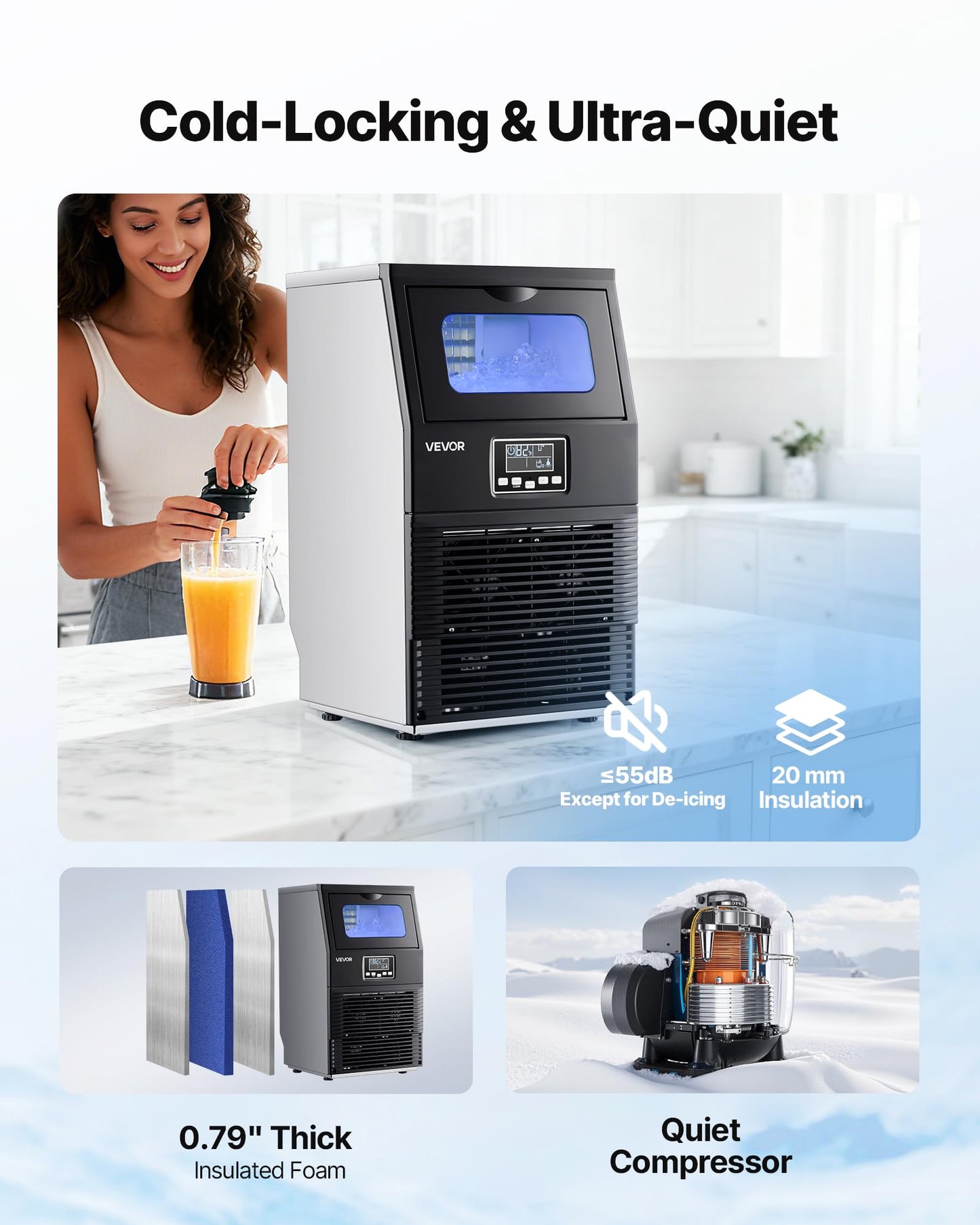 VEVOR Commercial Ice Maker Machine, 90 lbs/24h with 12Lbs Storage, 2 Water Inlet Modes, Stainless Steel Freestanding & Countertop Ice Maker with LED Display & Self-Cleaning, for Home Bar Restaurant
