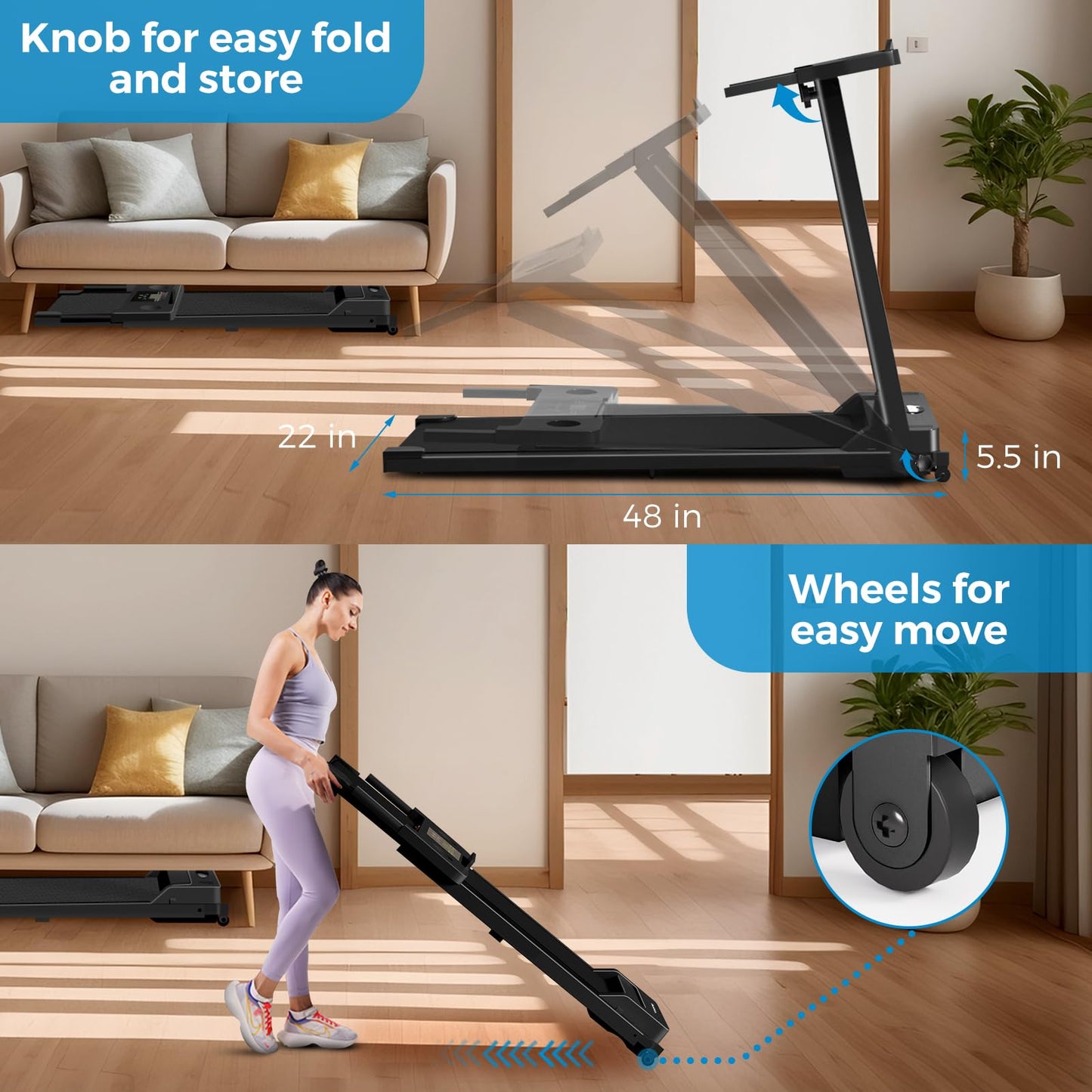 AoraPulse Portable Foldable Treadmills for Home, Small Folding Treadmill for Home Office with 300 LBS Capacity, Walking Running Exercise Electric Compact Treadmill with LED Display