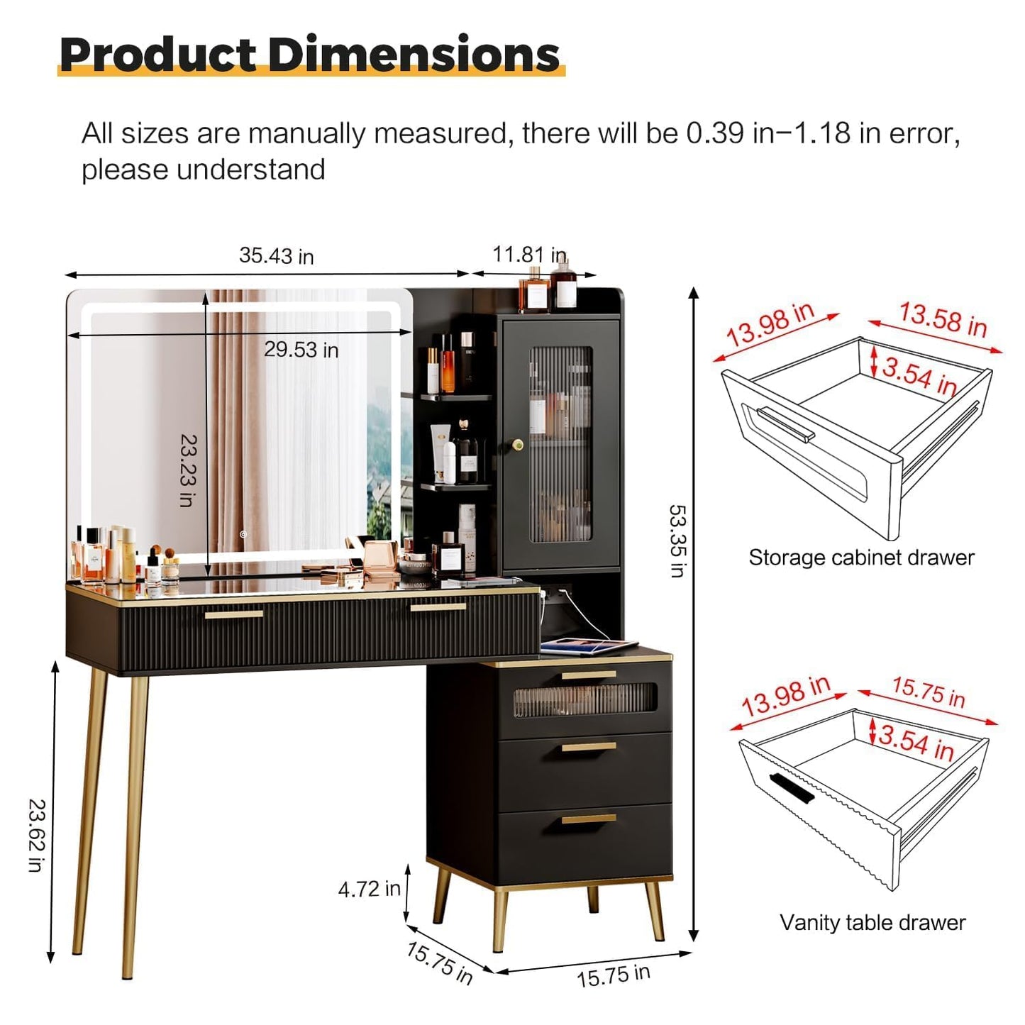Arulvmrn 47.24" Big Modern Vanity Desk with Mirror and Lights, Vanity Desk with 29.53" HD Lighted Mirror, Makeup Vanity with 5 Drawers and Storage Shelves and Charging Station, Black2