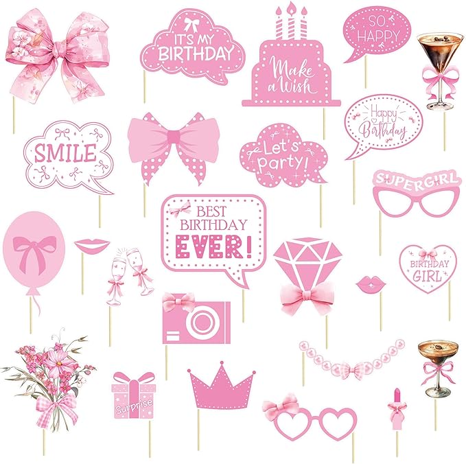 Pink Party Decorations Photo Booth Props Signs,25pcs Pink Birthday Decorations Selfie Props with Sticks for Women Coquette...