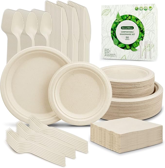 300Pcs Compostable Paper Plates Set, Eco-friendly Heavy Duty Plates & Biodegradable Utensil Include Forks,Knives,Spoons, Napkins, Disposable Dinnerware Set for Party (Brown)