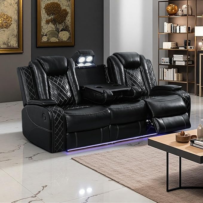 Toseslo Power Leather Recliner Sofa Set with LED Light,Leather Sectional Set, Living Room Furniture Sets, Modern Power Reclining Sets with Storage Console for Living Room(Black)