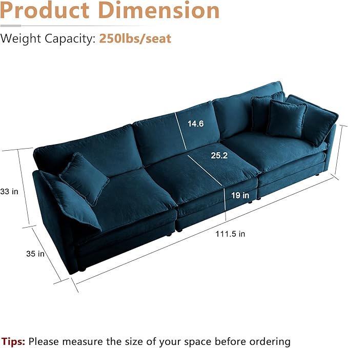 mikibama Luxury Modular Sectional Sofa, 111.5" Modern Chenille Comfy Cloud Couches for Living Room Office, 3 Seater Deep Sofa with 2 Armrest Pillows and 3 Toss Pillows, Blue