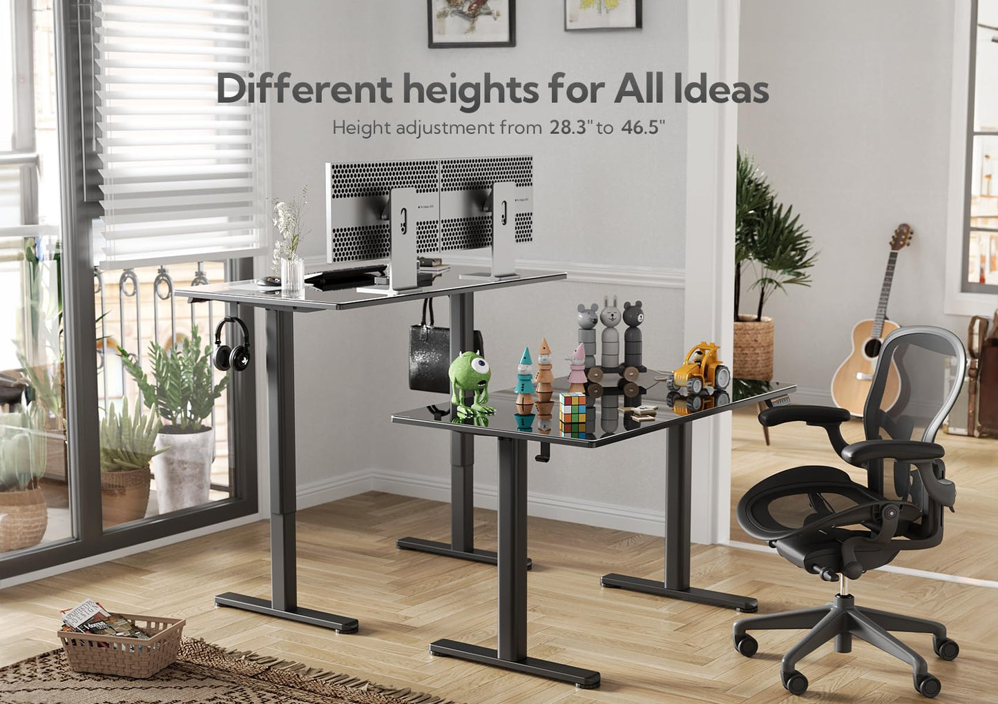 Claiks Glass Standing Desk, 48x24 Inch Electric Standing Desk Adjustable Height Quick Install Home Office Computer Desk, Black