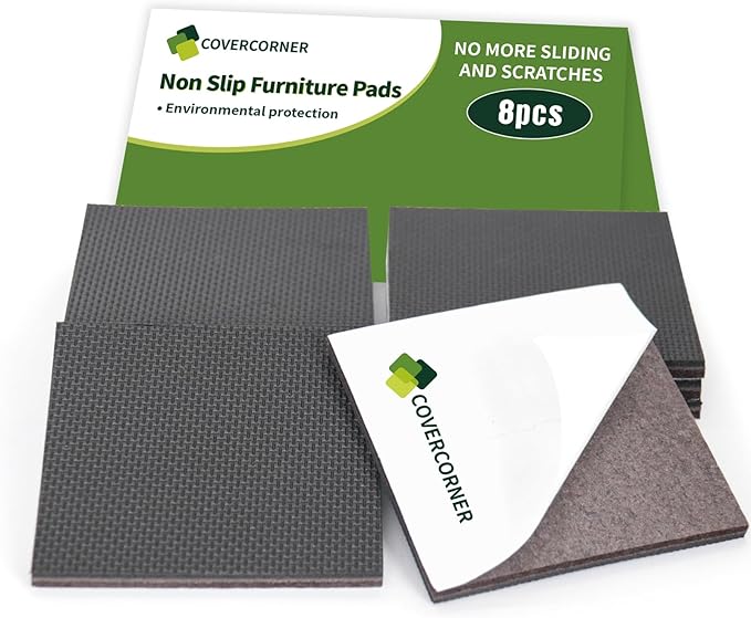 COVERCORNER Non Slip Furniture Pads 8 PCS 4'' Square - Anti Slip Furniture Pads - Self Adhesive Rubber Feet Furniture Feet - Chair Leg Floor Protectors - Keep Furniture in Place