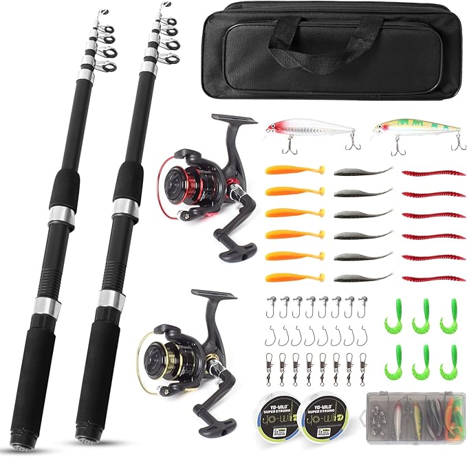 Fishing Rod and Reel Combo Set - 2PCS 6.89ft Collapsible Carbon Fiber Rods with Spinning Reels Fishing Lures Carrier Bag f...