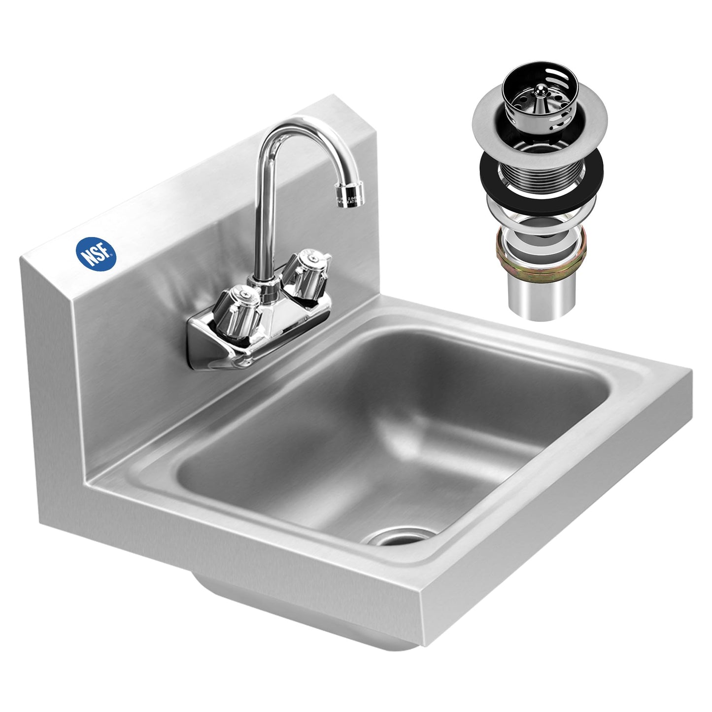 BIEAMA Stainless Steel Hand Sink NSF 17”x 15" Wall Mount Commercial Hand Washing Sink, with Strainer and Faucet, for Home, Stores, Restaurants, Bars