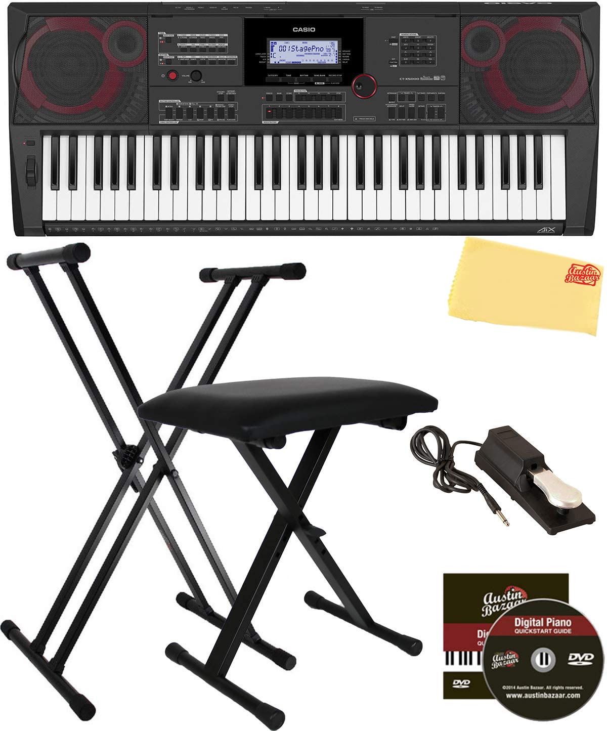 Casio Ct-X5000 61-Key Keyboard Bundle With Adjustable Stand, Bench, Sustain Pedal, Online Lessons, Austin Bazaar Instructional D