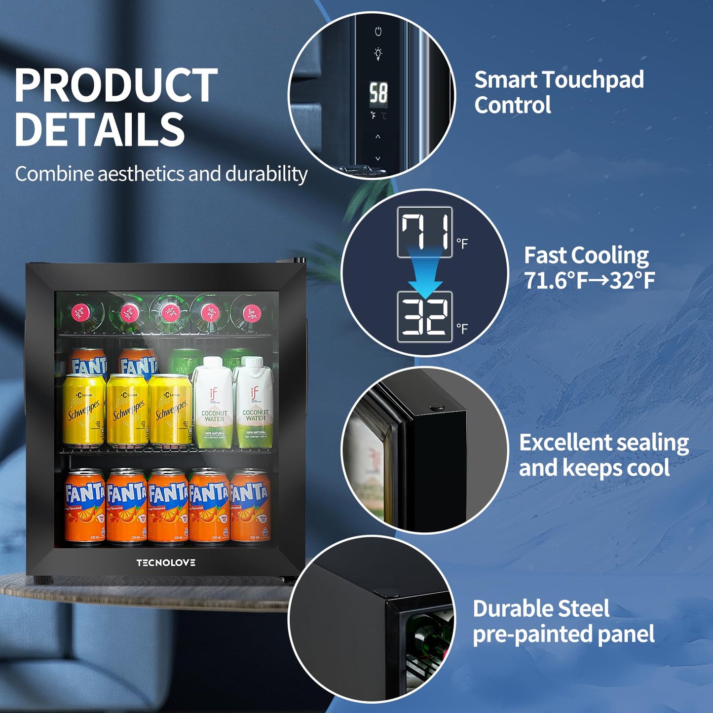 Beverage Refrigerator Cooler,Mini Fridge,Free Standing,1.6 Cu.Ft Cools Down To 32 ℉,Stainless Steel,LED Touchscreen Digital Temp Control,Under Counter,Double-layer Glass Door,Adjustable Shelves,Black