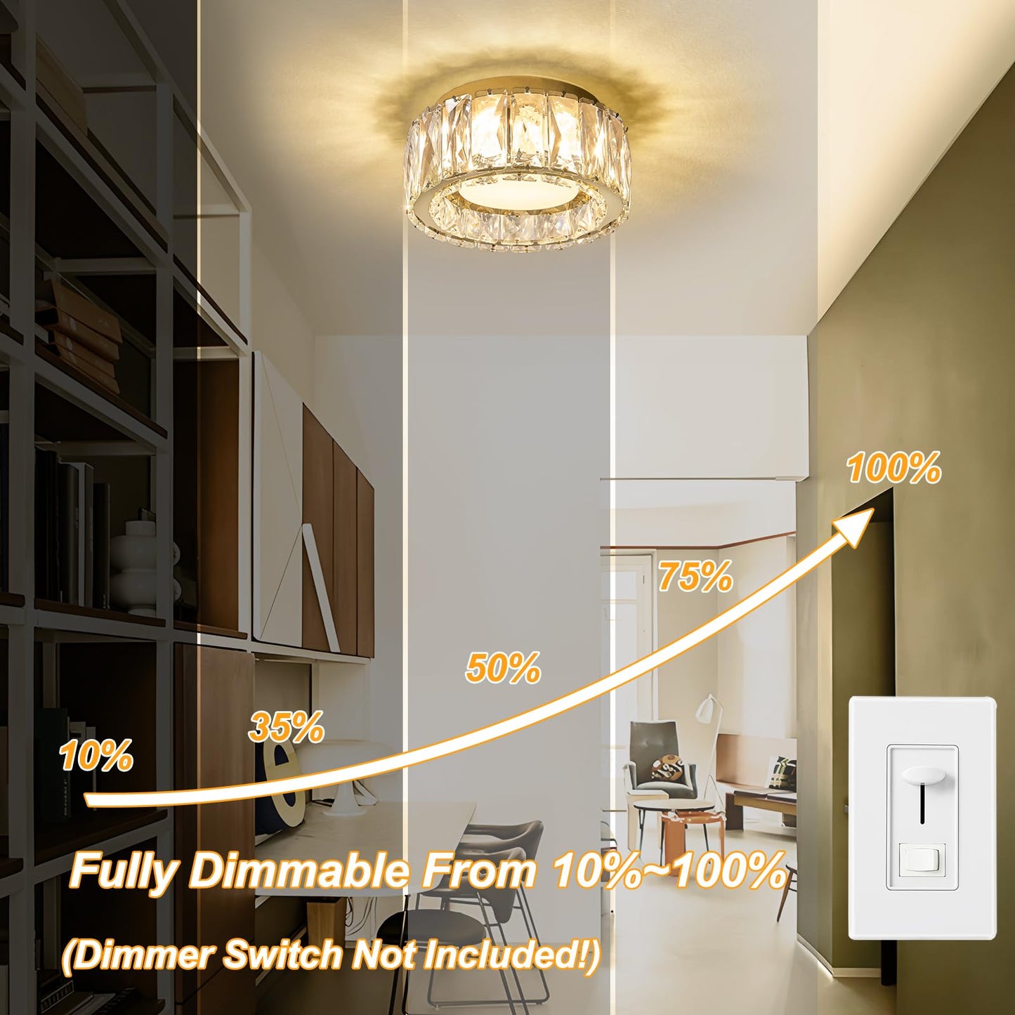Suenigle Modern Dimmable LED Luxury Crystal Gold Flush Mount Ceiling Light Fixture,7.87 Inch 15W,3CCT,mini Round Close to Ceiling Chandelier for Hallway,Kitchen,Laundry Room,Entryway