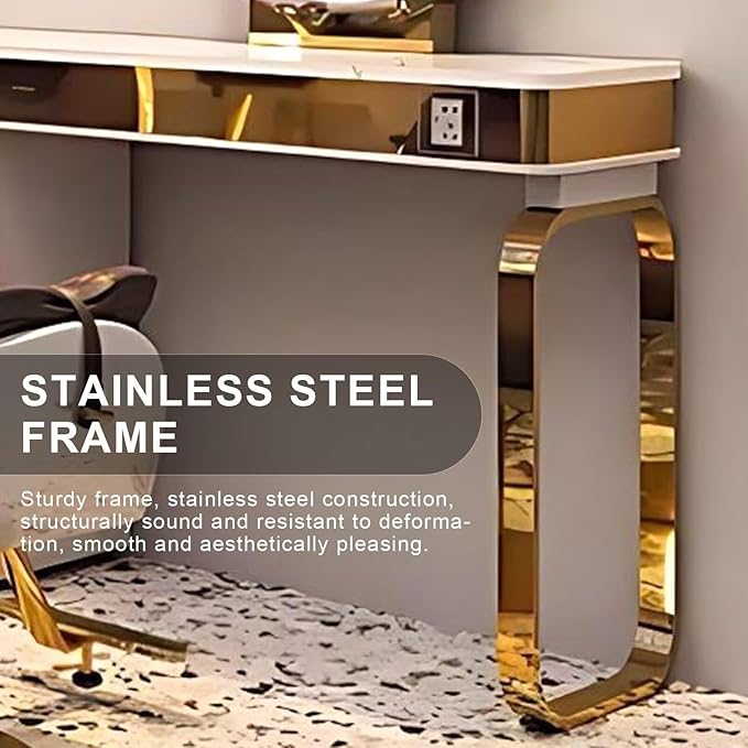 Golden Salon Station for Hair Stylist (Oval LED Mirror)(Storage Cabinets), Barber Station with Light Luxury Style