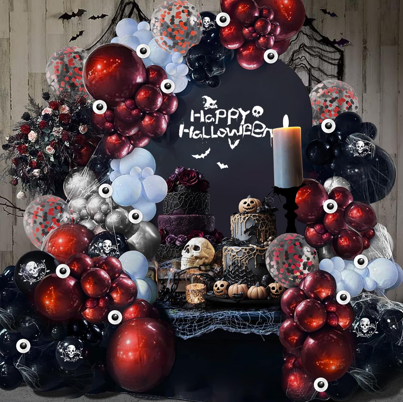 Halloween Balloon Garland Arch Kit, JZCZOEB 133Pcs Double Stuffed Red Black Blue Chrome Silver Balloons for Rose Skull Gothic Spooky Horror Theme Birthday Baby Shower Halloween Party Decorations