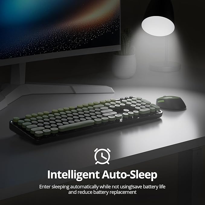 Wireless Keyboard and Mouse Set, Retro Typewriter, 2.4GHz Full Size 104-Key Cute Keyboard with Number Pad, Colorful with Round Keycaps for Windows PC Laptop(Dark Green)