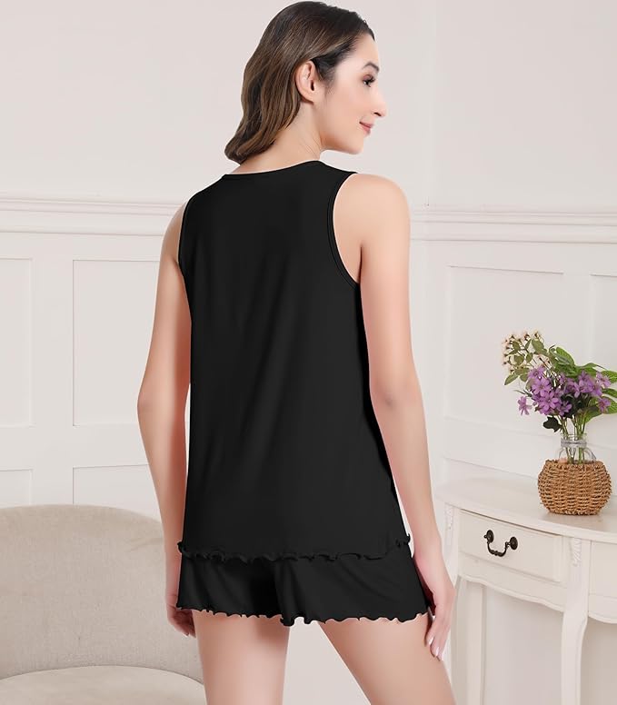 NACHILA Pajamas for Women-Viscose from Bamboo, Ribbed Racerback Tank Top Sexy Split Shorts Pajama Sets Cooling Sleep Cami Pjs
