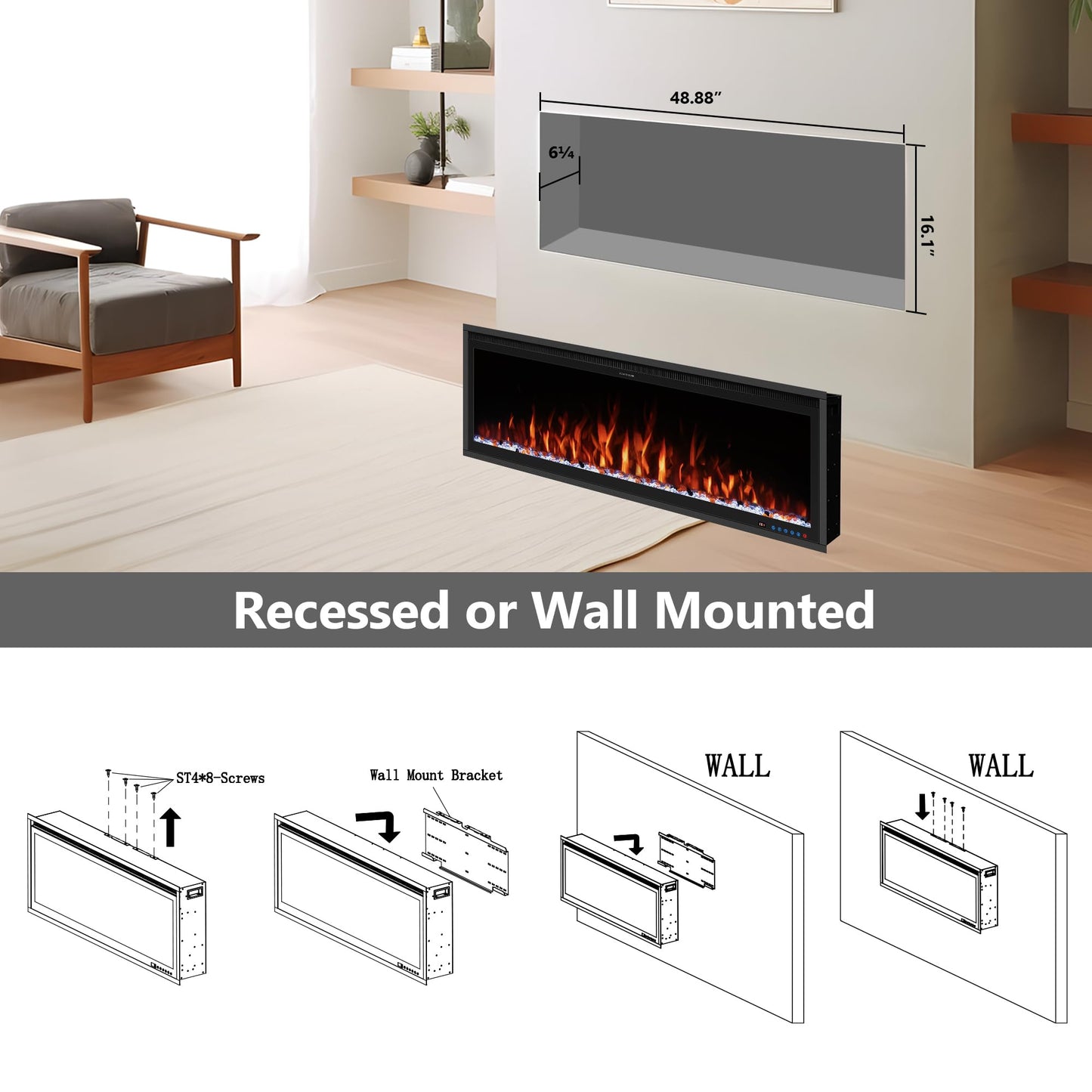 Benrocks 50'' WiFi-Enabled Electric Fireplace Insert - Alexa & App Control, 13 * 13 * 3 Color Combinations, Smart Fireplace Heater, Timer, Logs & Crystals Included, 750/1500W