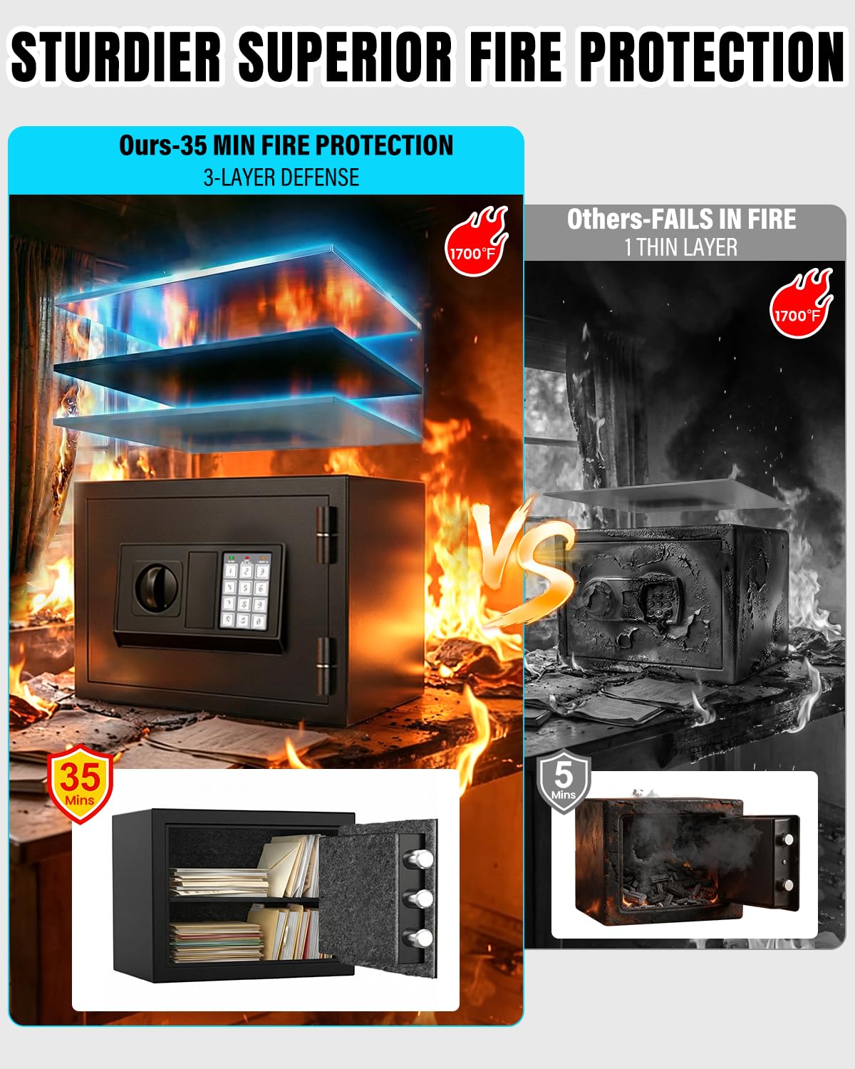 [𝟐𝟎𝟐𝟔 𝟑𝟓-𝐌𝐢𝐧 𝟏𝟕𝟎𝟎°𝐅] Fireproof Safe for Home, Money Safe for Cash, 𝟐𝟐𝐋𝐛𝐬 Fire Proof safes for Home Use, Wall Mounted Safes with Alarm System and LED Light