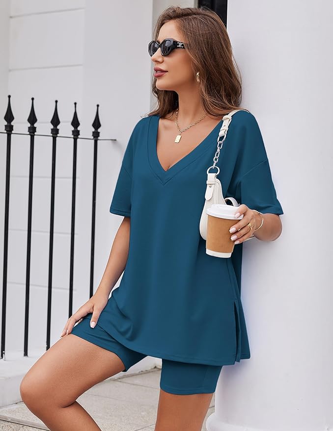 Ekouaer Womens Pajamas 2 Piece Lounge Sets Oversized V Neck T-Shirts Tops Biker Shorts Set Workout Reversible Tracksuit S-XXL