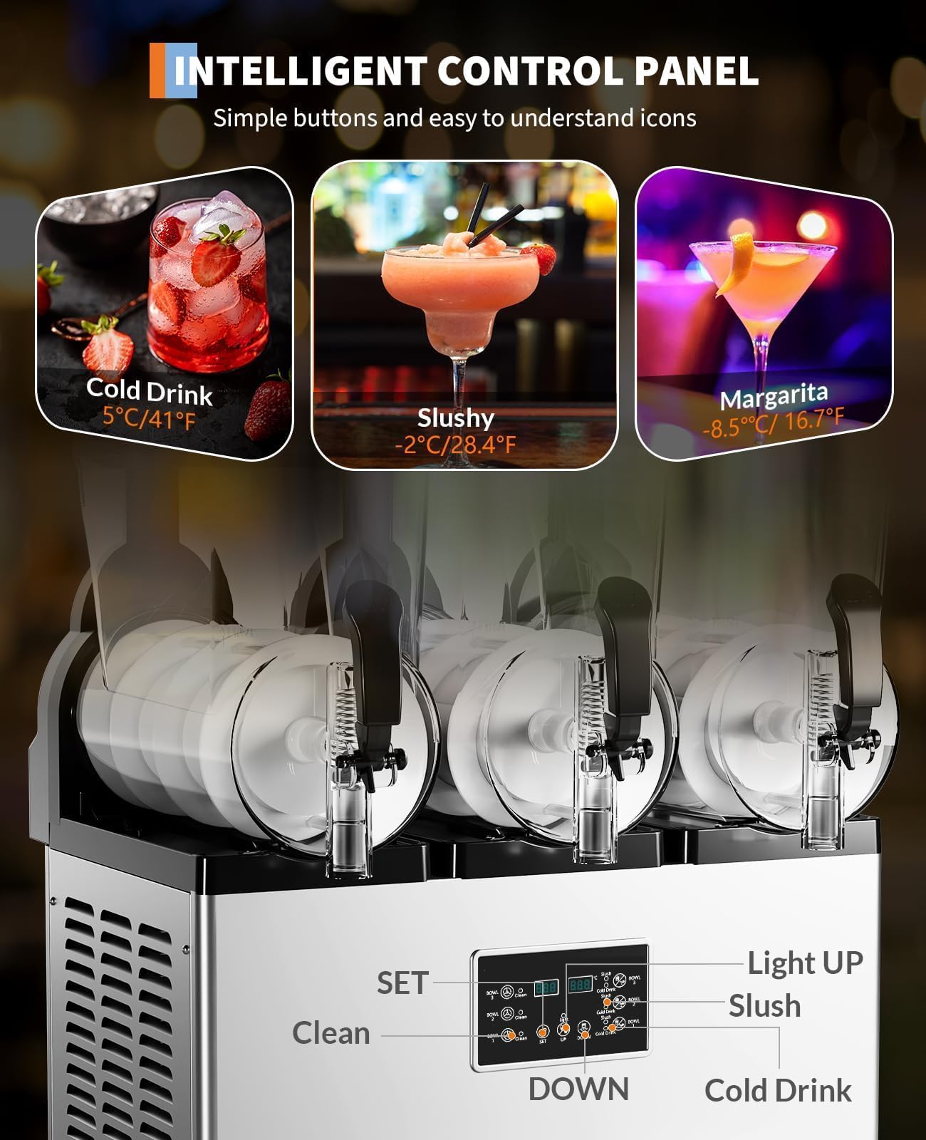 Commercial Slushy Machine 15L×3 Triple Tank, 45L Frozen Drink Machine, 180 Cups 1200W Stainless Steel Margarita Slush Maker, Fast Cooling Low Noise Auto Clean, for Restaurants Cafes Bars Food Trucks