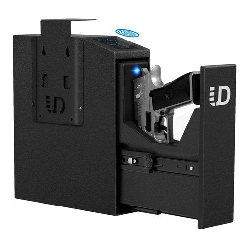 Urban Deco Biometric Gun Safe for Handgun with Quick Access Sliding Door Pistol Safes Mounted Nightstand, Desk, Wall, Vehicle, Bedside, Car Gun Safe Box with Fingerprint, PIN Code, KEY Access