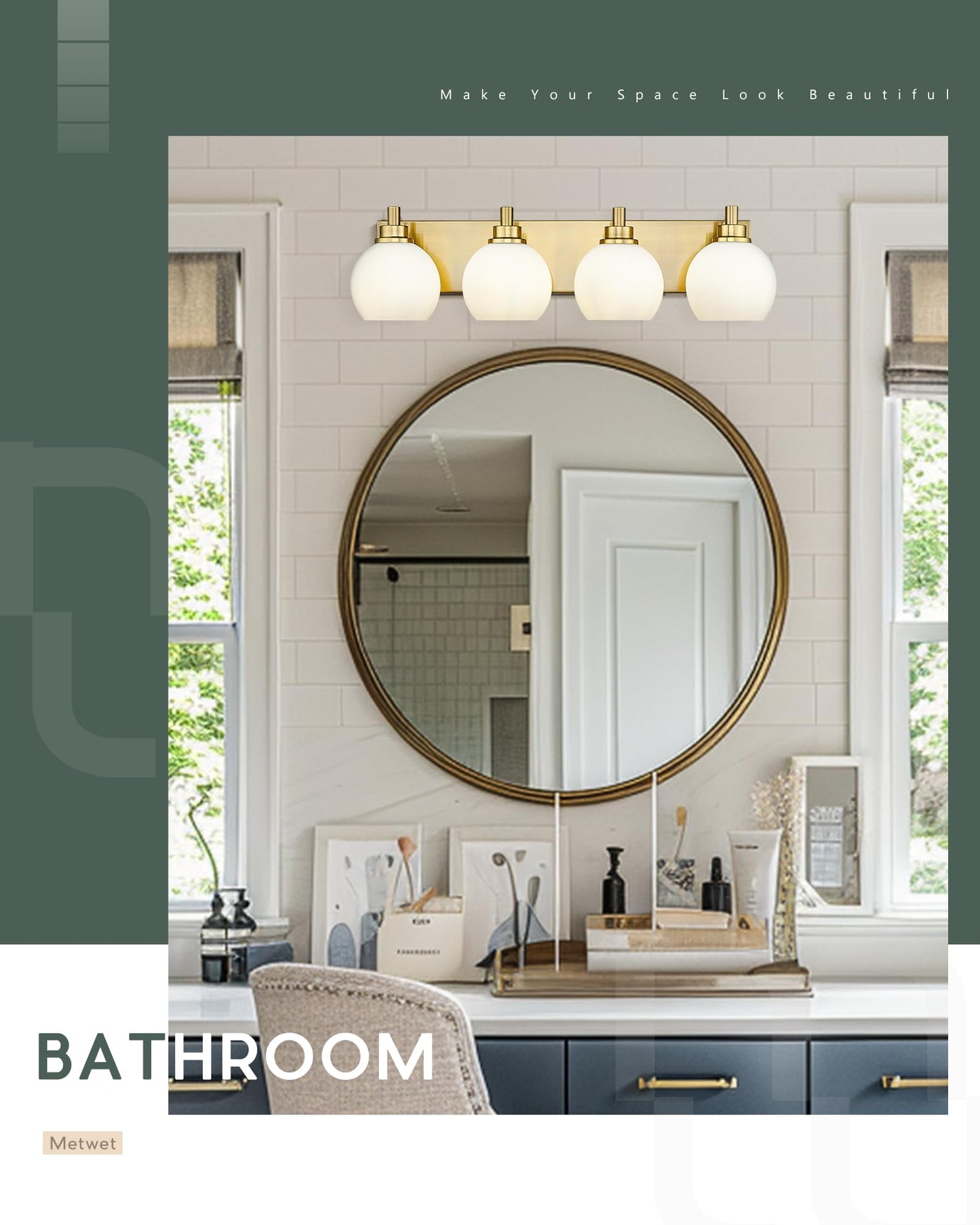 METWET Bathroom Light Fixtures, 4 Light Brushed Gold Vanity Light, 26 Inch Modern Wall Sconces with Globe Milk White Glass Shade, Vanity Lighting Fixtures Over Mirror, VL195-BG-ML-4