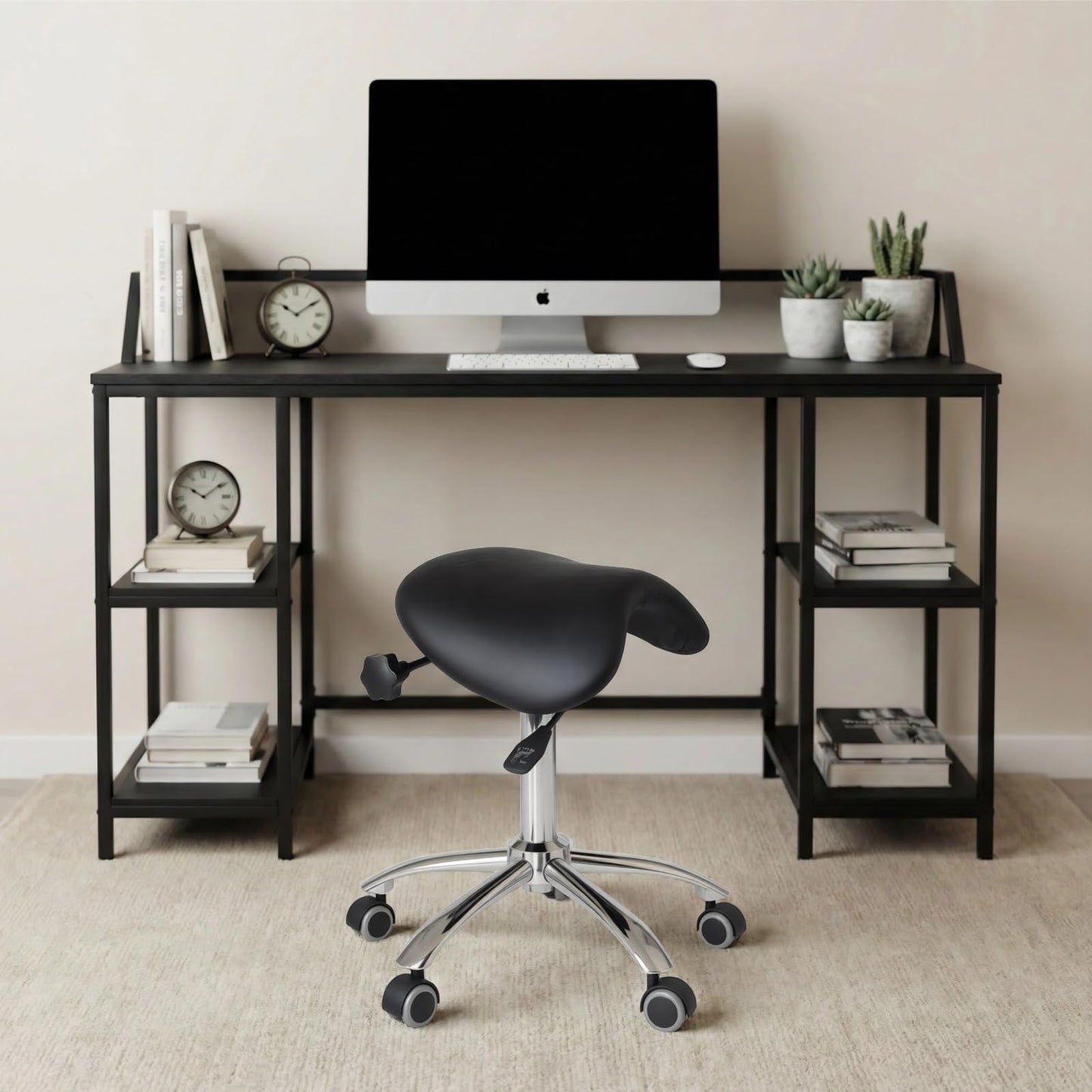 DENGTELI Ergonomic Saddle Chair with Adjustable Swivel castors, Corrects Posture and alleviates Back Pain, Suitable for Offices, Dental clinics, Salons, and Tattoo Studios (Black)