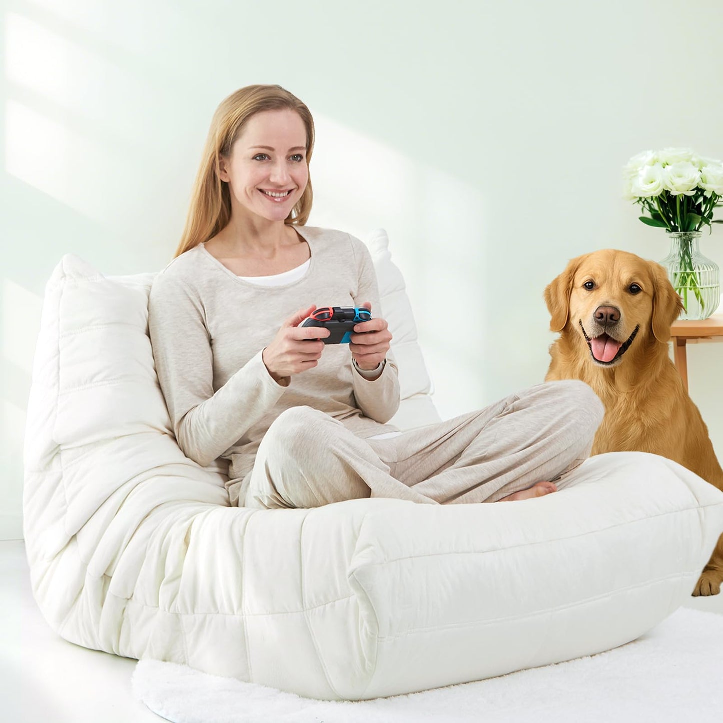 Bean Bag Chairs for Adults - Comfy High-Density Foam Fireside Chair, Adult Size, Soft Dutch Velvet Cover Beanbag Couch, Versatile for Living Room, Bedroom, Dorm, Reading & Gaming (Beige)