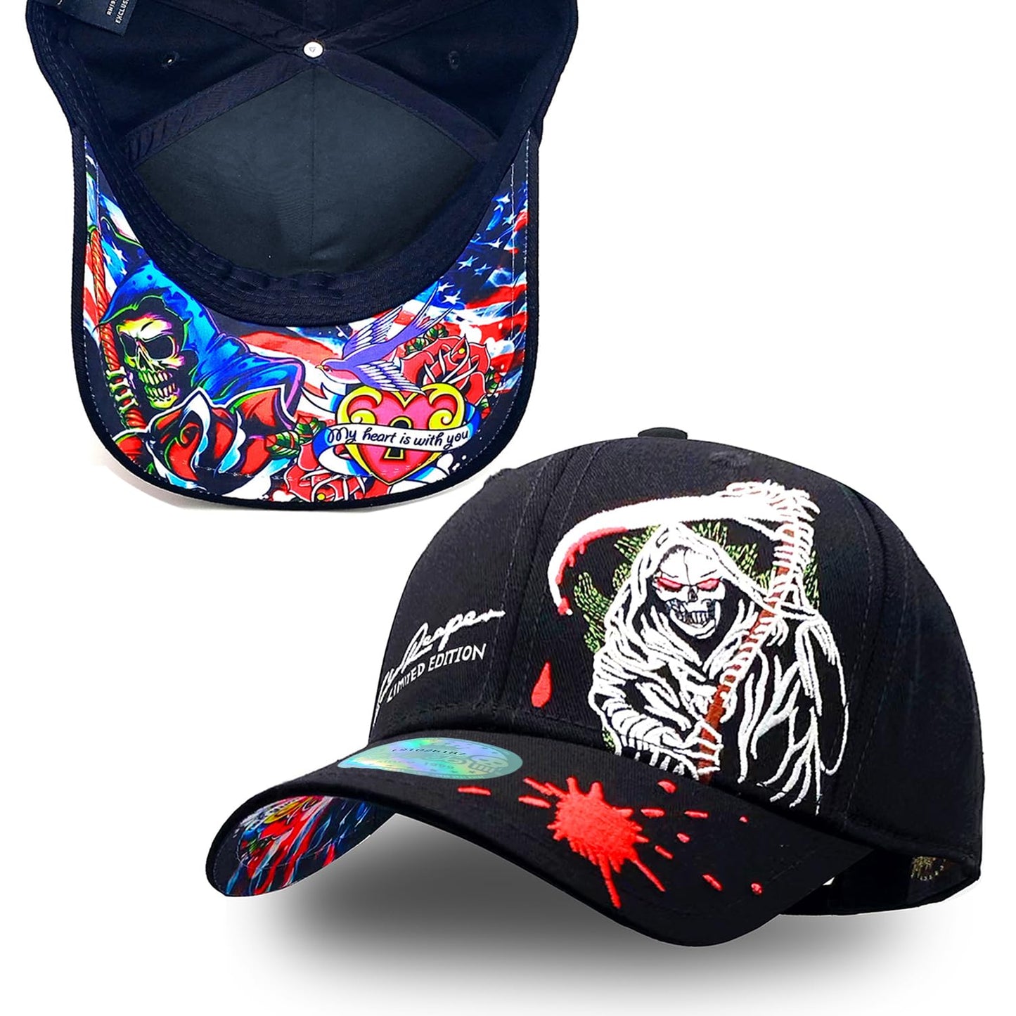 Tilgomedal Snapback Hats for Men Women Fashion Grim Reaper Skull Black Baseball Caps, Large-X-Large