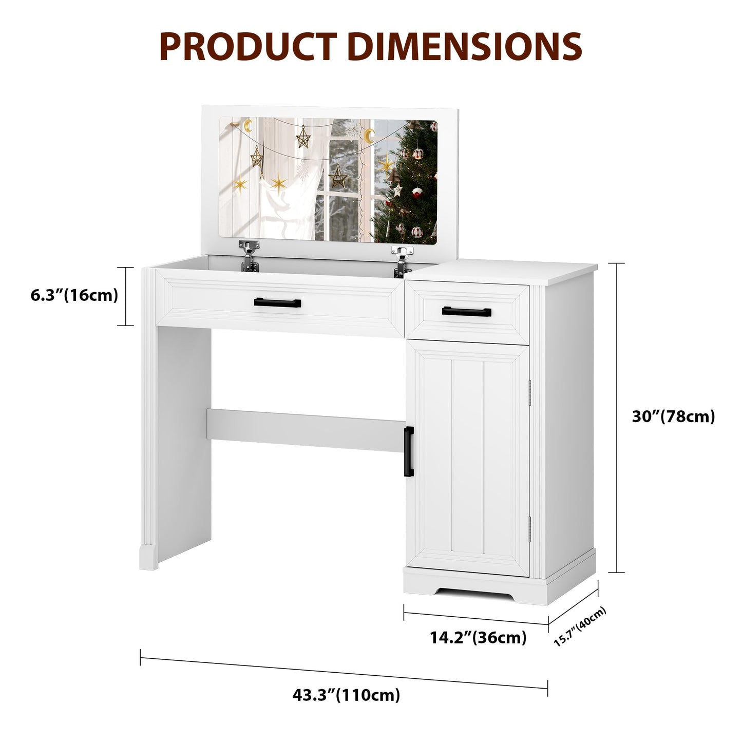 FOMNEY Farmhouse Vanity Desk with Flip Top Mirror, 43.3" W Makeup Vanity with Drawers, Storage Cabinet, Dressing Make Up Vanity Table for Bedroom, Wood Home Office Desk, Pure White