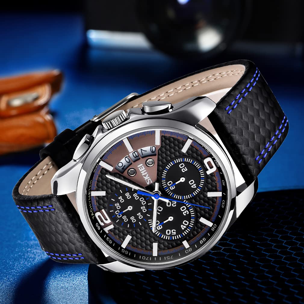 SKMEI Men Watches Black Leather Band Sports Large Big Face Luxury Waterproof Luminous Fashion Dress Casual Analog Quartz Chronograph Father Gifts Wrist Watch