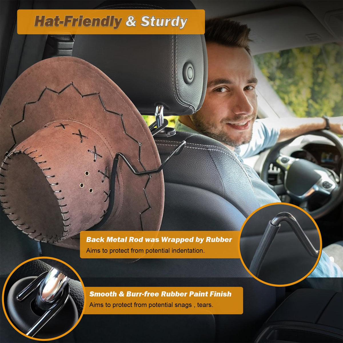 Idefair Cowboy Hat Holder Rack for Truck Car SUV Hard Hats Stand Western Accessories for Men Women Travel Automotive Seat Back Storage Organizer Hardhat Hanger with Hooks Gifts for Most Hats