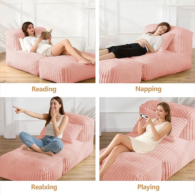 Giant Bean Bag Lounger Sofa with Pillow, Large Beanbag Chair for Adults, Oversized Comfy Beanbag Lazy Floor Sofa, Bean Bag Couch with Memory Foam Filled for Living Room, Bedroom, Pink