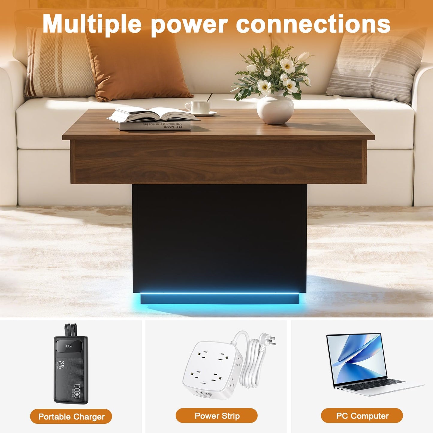 FABATO Lift Top Coffee Table with LED Light and Charging Station, 31.5 Inch Square Coffee Table with Hidden Storage, Modern Farmhouse Center Table for Living Room, Reception Dinning Room,Black