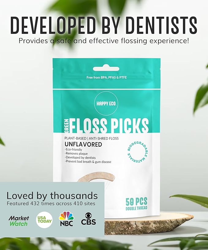 Dental Floss Picks (200pcs) - Flossers for Adults, Vegan Corn-Straw Handle, Superior Oral Care & Anti-Shred Thread, Dental Hygiene, Tooth Pick Sticks, Teeth & Gum Health (Unflavored, Double Thread)